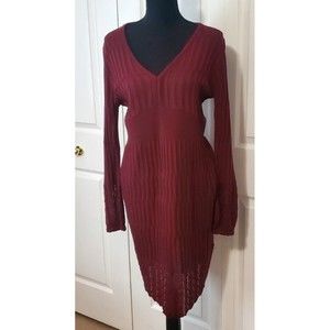 Venus Womens Burgandy Sweater Dress Cable Knit Long Balloon Sleeve Midi USA Sz L